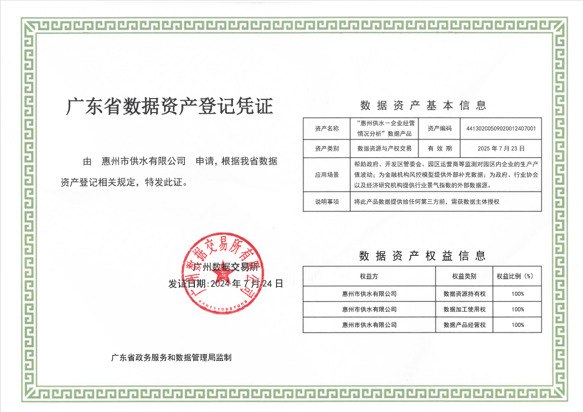 惠州供水获惠州水务机构首张数据资产登记凭证(图1)