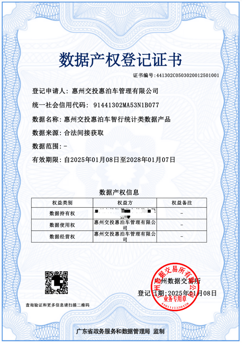 惠州服务基地助力惠州交投惠泊车公司获数据产权登记证书(图1)